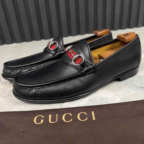 Gucci 1953 Style Web Horsebit Loafer Heels Black Leather 8.5 G or 9 US 42.5 EU - Picture 1 of 11